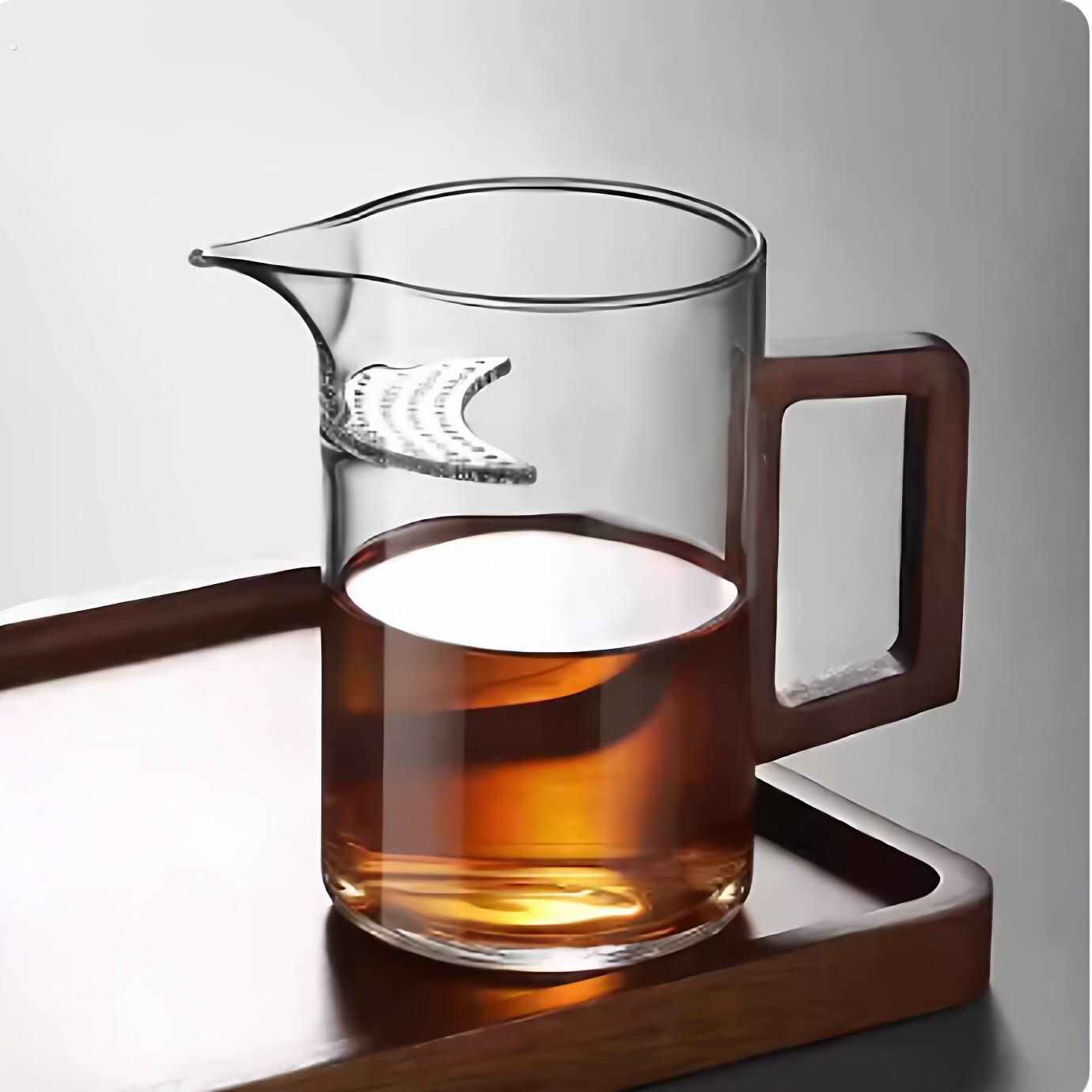 月牙泡茶杯公道杯木把玻璃茶漏一体泡绿茶分茶器茶具公杯带过滤