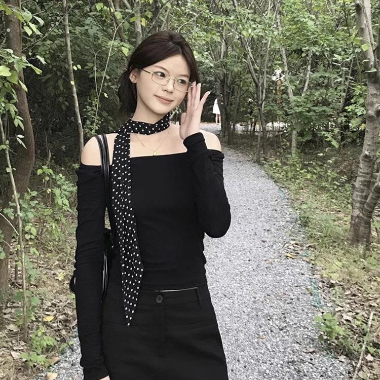 韩系复古黑色波点丝巾女2025新款系脖高级感长条飘带百搭领巾发带