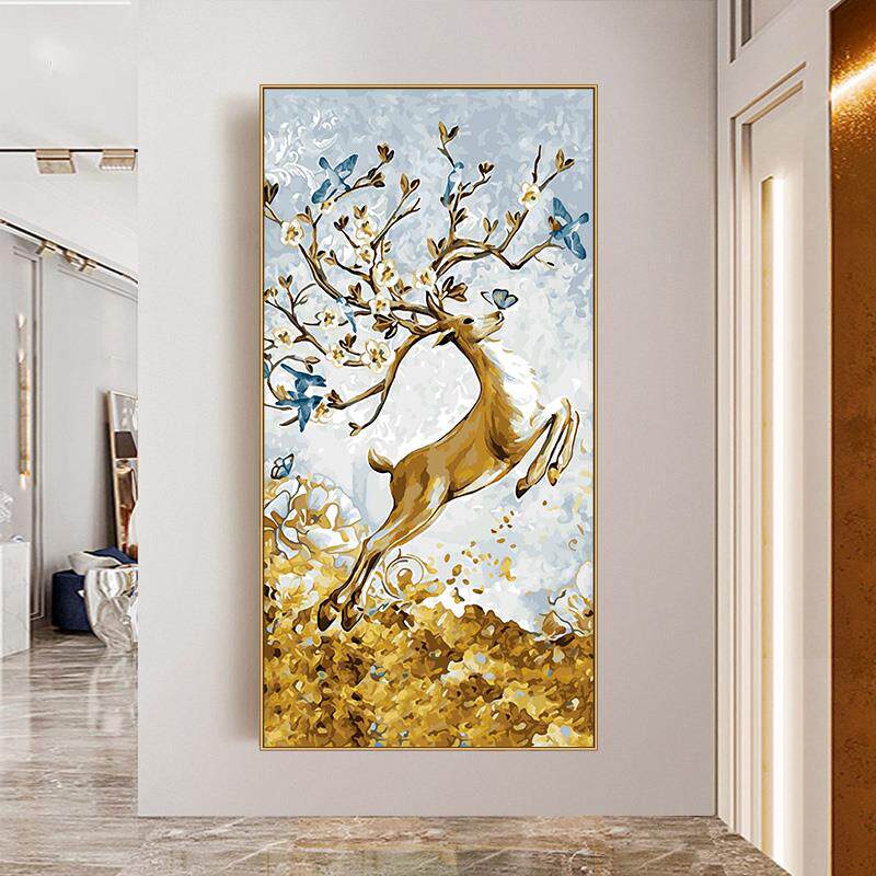 数字油画玄关招财画画填色手工填充手绘油彩画玄关装饰画福鹿