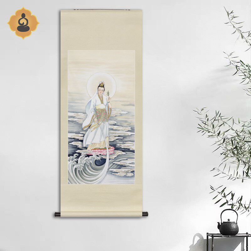 工笔神仙人物国画慈航真人道人画像画关书房中式卷玄轴框装饰挂画