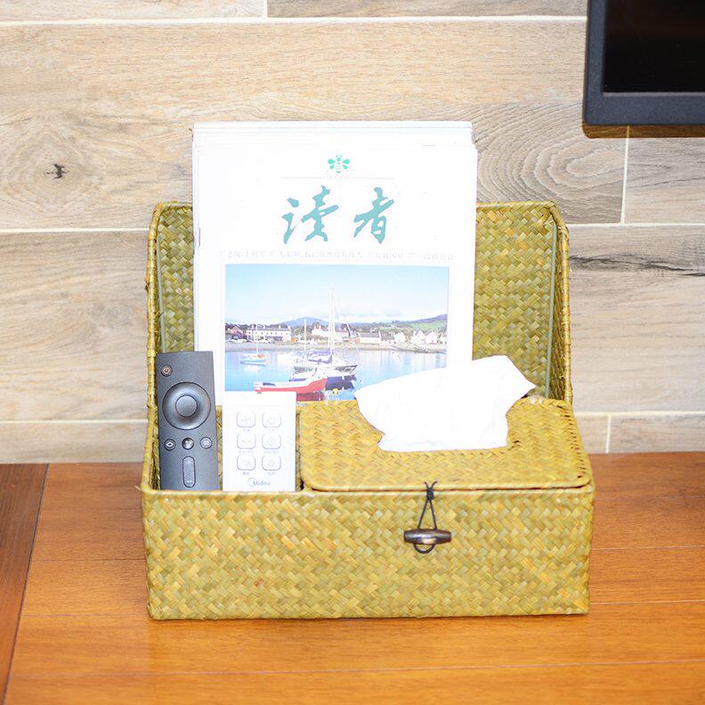 甄选厂家海草编织收纳盒带盖桌面文件整理收纳筐多功能抽式纸巾盒
