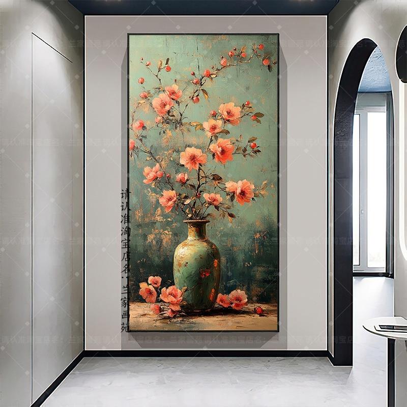玄关画花瓶装饰画 竖版抽象仿油画风挂画 走廊晶瓷画平安富贵壁画