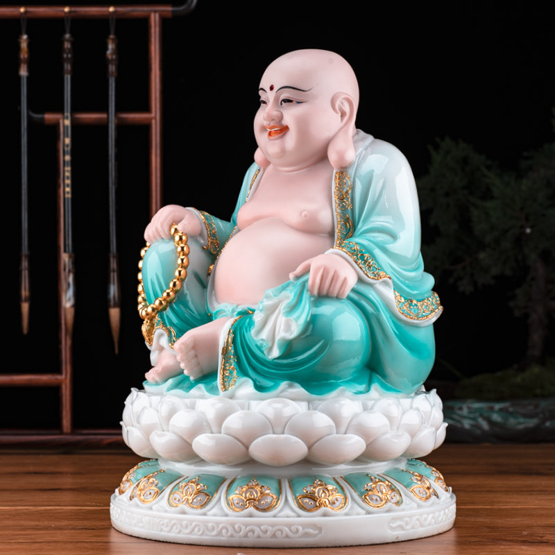 福佑林汉白玉彩绘镶金弥勒菩萨像玉雕大肚笑佛弥勒佛家居供奉摆件