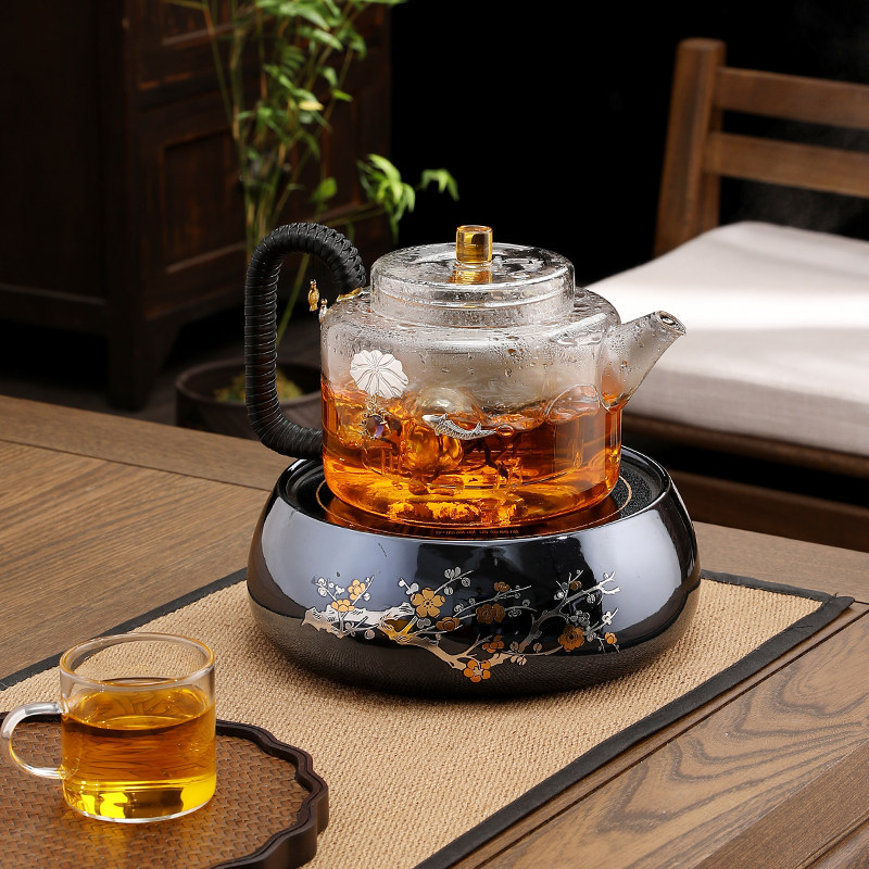 纯手工镶银蒸煮茶壶加厚玻璃泡茶器电陶炉茶具套装家用烧水壶