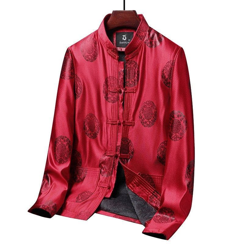 秋冬中老年加绒唐装男老人生日过寿星金婚红色礼服爷爷外套棉衣服