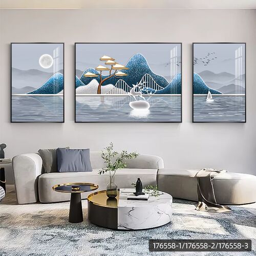 客厅装饰画轻现大气奢发背景墙挂画高档福鹿三联壁画沙代山水墙画