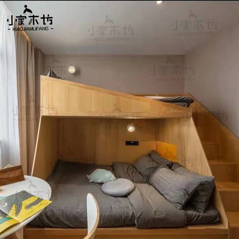 定制双层树组床原木色柜下子母床创意木屋床多功能梯上屋合高低床