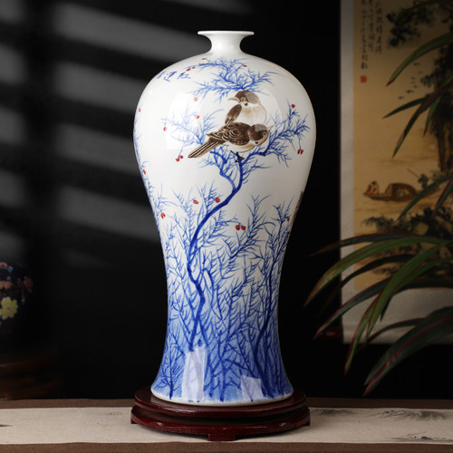 景德办陶瓷花瓶青绘手花瓷鸿运当头摆件大号中式客厅镇公室装饰品