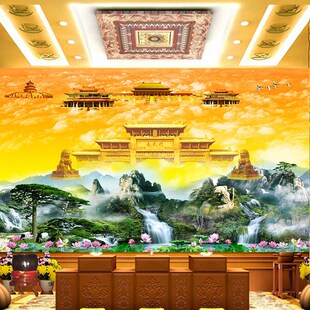 风景山水南狮门画纸佛道仙境云背景墙装饰墙松树石天流水莲花壁纸