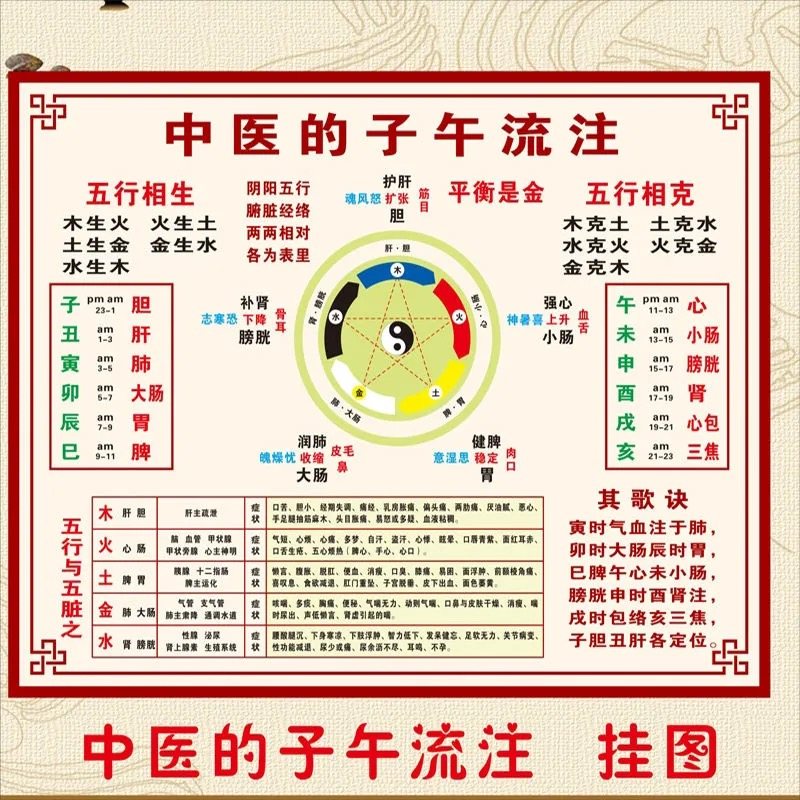 子医养生馆装饰画五行养生挂图化午流注对照表中医文中宣传海报