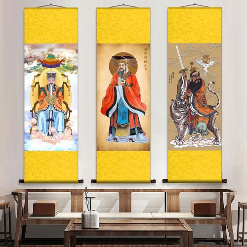 天王赐福人物像佛堂装画字饰官母娘娘挂画佛堂壁画丝绸卷轴画
