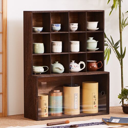 实木架面博古架多宝阁防尘茶杯茶壶展示架多层格子置物桌茶摆具架