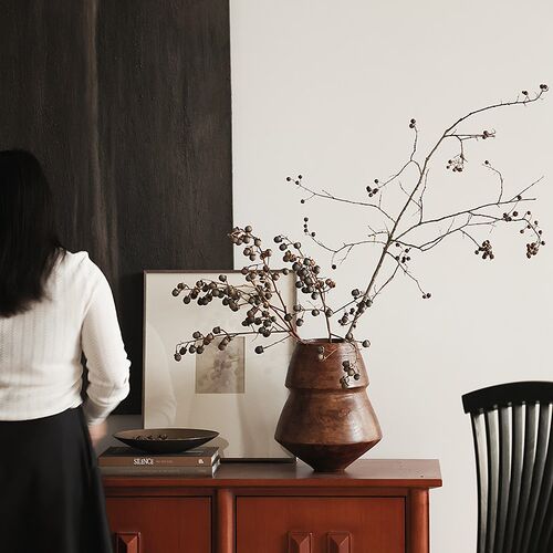 形上中古风饰木器花瓶侘寂风客厅桌实仿古铜水果盘装面品挂画摆件