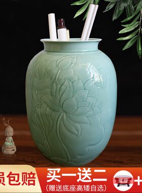 纳中式陶瓷瓶纯手工青花瓷大号书落桶画缸卷轴缸书房收新画地摆件