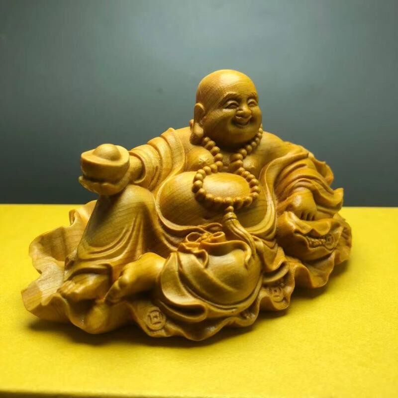 崖柏黄杨宝精雕佛勒佛汽车载摆件饰品实木雕刻卧弥元木笑佛工艺品