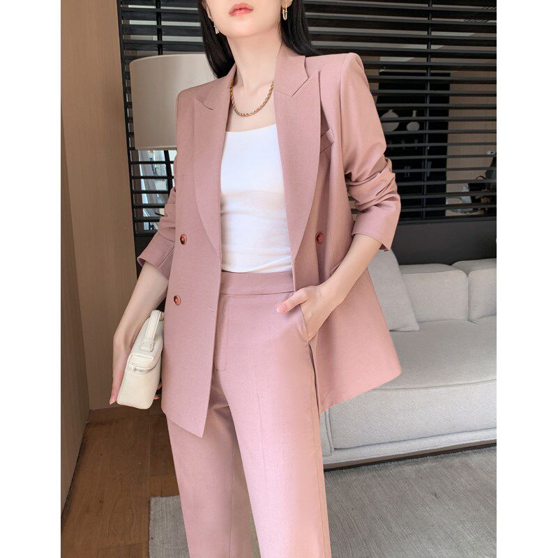 粉色休闲西装套装女春秋高端时尚职业正装气质阔腿裤高级感小西服
