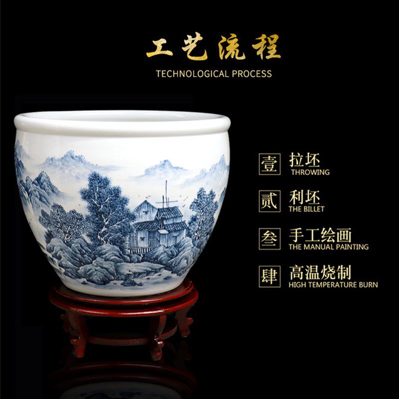 青花瓷吴国军景德镇陶瓷鱼缸锦鲤手绘瓷器书画缸新中式家居摆