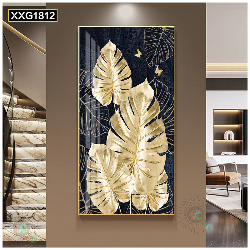 入户玄关寓意好挂画晶瓷画轻奢正对门叶脉装饰画竖版树叶过道壁画