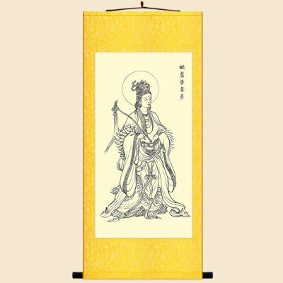 婆中毗菩萨画像 绢布卷轴挂画蓝式复古装饰画丝绸画 来图定制订做