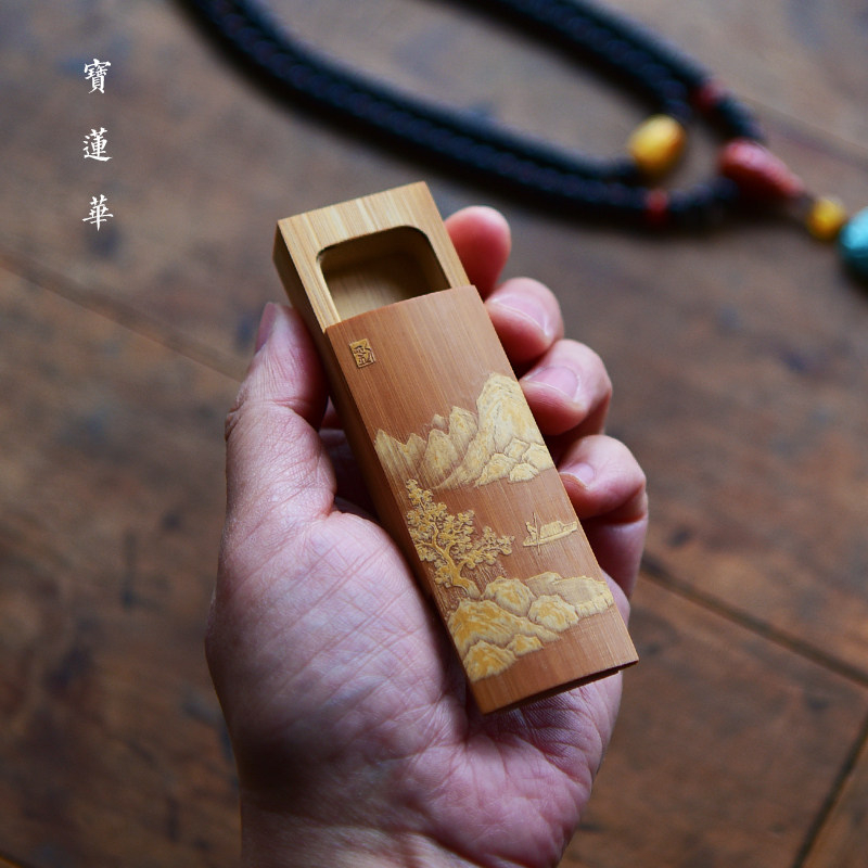 竹青签刻榫盖牙留盒 纯手工竹雕刻艺术品 茶玩文玩手把件竹牙签筒