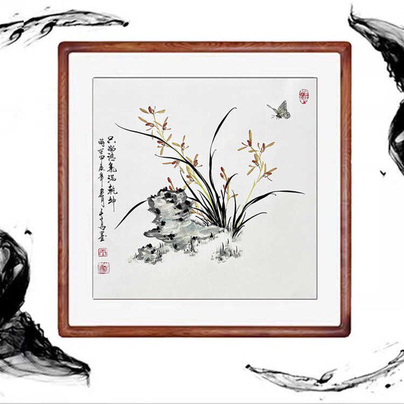 国画兰花纯手绘真木客厅书房办公室装饰挂画装卷画迹框饰轴水墨画