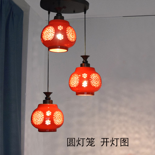 陶中式现代红台新瓷3头红灯笼吊灯茶楼中餐厅3头楼梯阳台吧釉吊灯