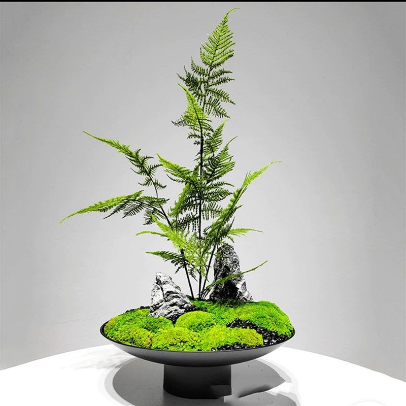 中式清新洽代仿真苔茶文竹花艺套装售楼部会所现谈桌藓几软装摆件