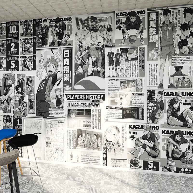 卡通动壁排球少年墙纸头童房卧室床儿背景墙布猫咖黑白漫画漫纸