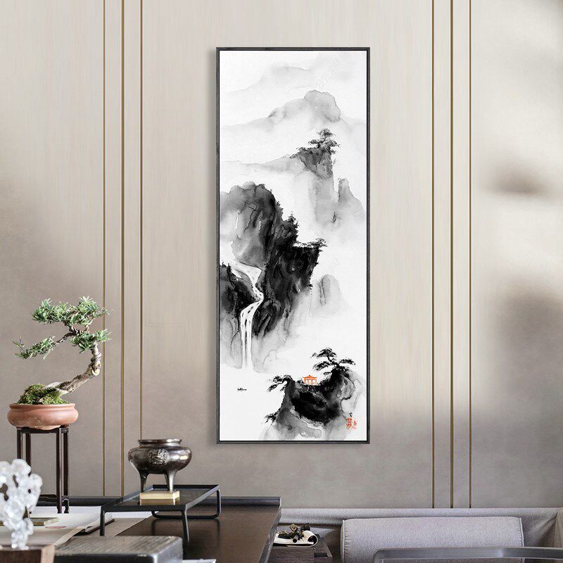 水墨宣言 新中式水墨山水装饰画茶室书房墙画玄关走廊竖长形挂画