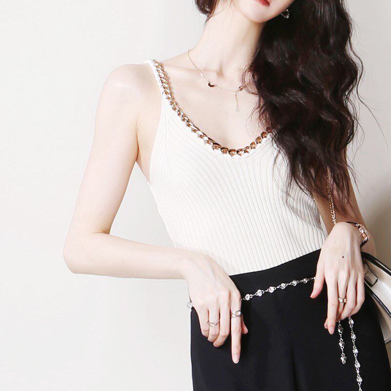 W32超显瘦弹力坑条纹金属链条欧美风简约百搭打底针织吊带背心