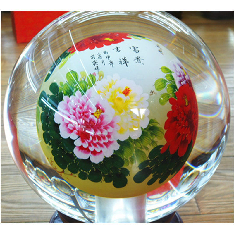富贵牡丹内画水晶球玻璃工艺品开业礼品结婚礼物琉璃装饰品摆件
