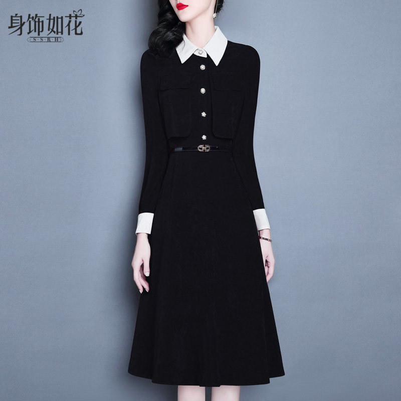 小黑裙2024秋冬新款气质淑女修身a字裙撞色娃娃领长袖黑色连衣裙