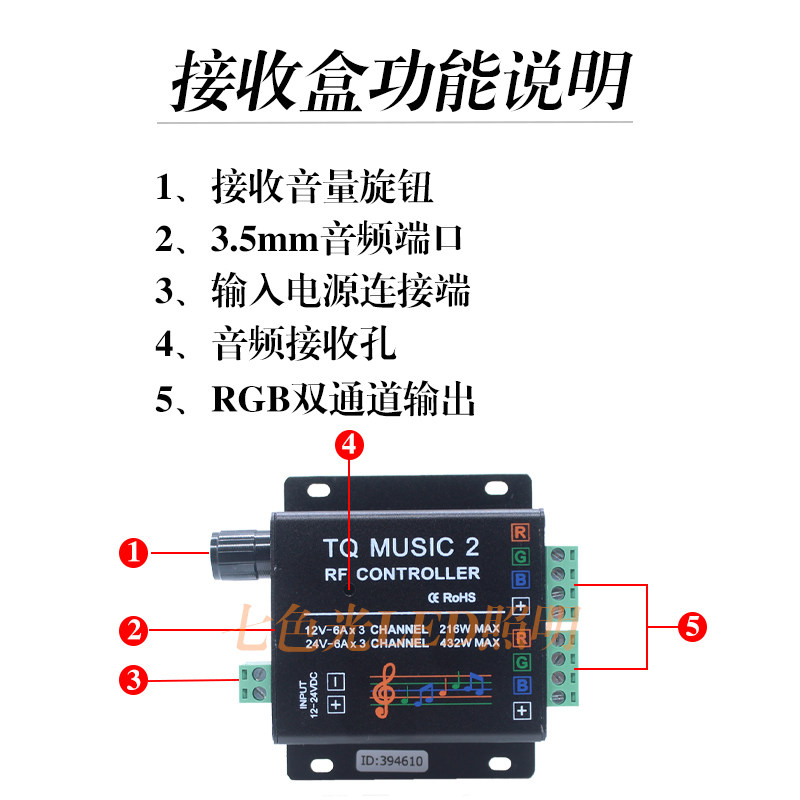 RGB七彩LED灯带音乐控制器触摸RF无线射频遥控器音乐声控调光变色