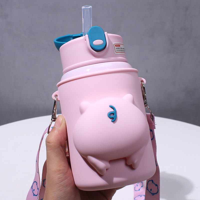 可爱卡通带吸管保温杯少女心316不锈钢双盖便携水壶宝宝斜挎杯子