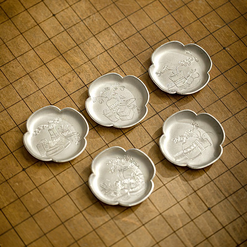 茶道功夫茶杯垫手工精雕图锡制茶杯垫高级禅意隔热垫子茶杯小垫托