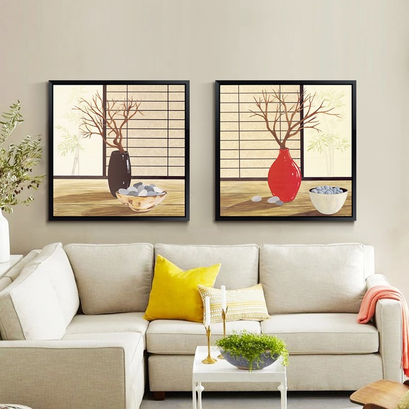 餐厅装饰画饭厅新中式挂画单幅卧室墙床头画富贵平安花卉两联有框