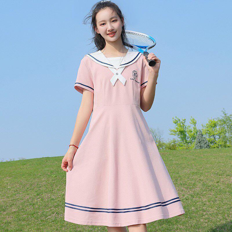 初中生连衣裙青春少女装学院风高中学生海军领收腰裙子夏装新款