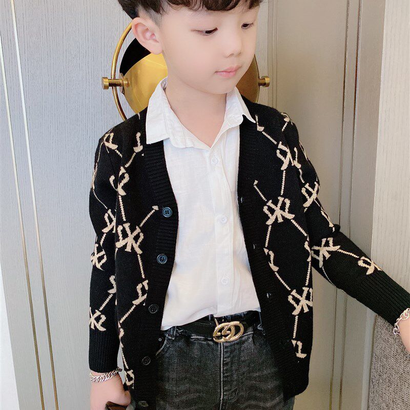 童装秋冬新款男童假两件针织衫开衫儿童中大童毛衣男宝宝翻领外套