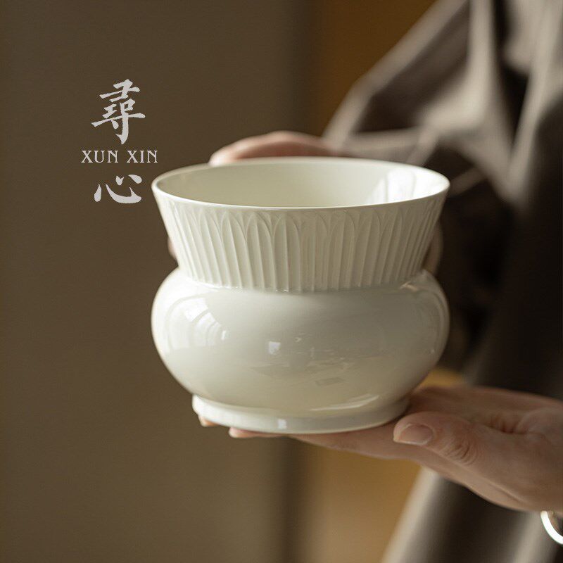 寻心定窑白家用莲瓣纹茶洗水盂笔洗中式复古茶杯洗废水缸茶道配件