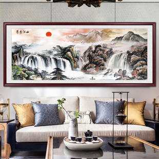 江山如画国画客厅挂画沙发背景墙山水画装饰画办公室背有靠山壁画