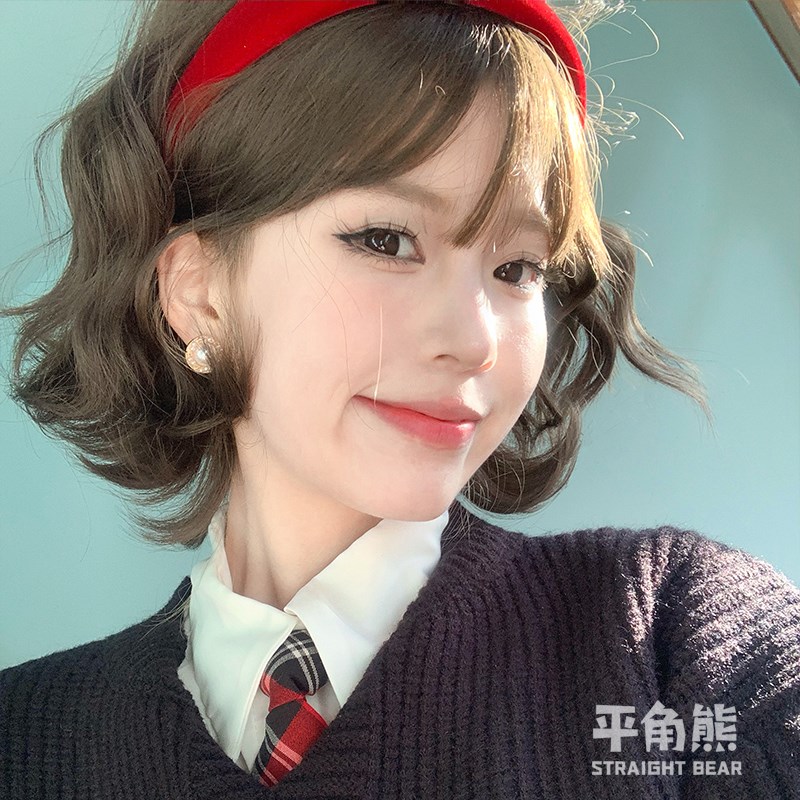 平角熊假发女短卷发全头套水波纹羊毛卷短发年轻显气质JK假发套式