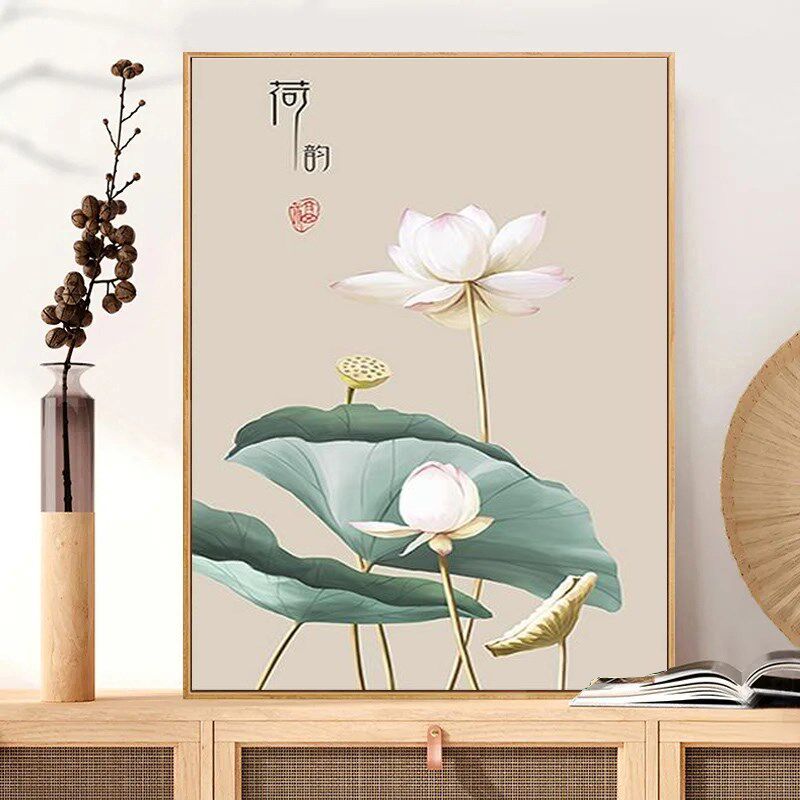 新中式荷花九鱼图diy数字油画填充填色中国风丙烯画餐厅手绘挂画