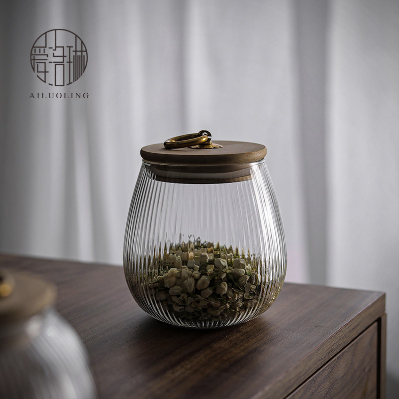 日式简约条纹玻璃茶叶罐小密封罐小号透明 家用干果储物收纳罐