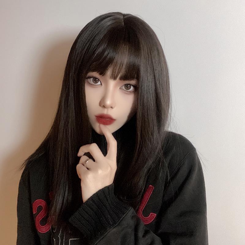 漫画齐刘海黑色长直发假发全头套式女自然日常jk整顶网红中长发型