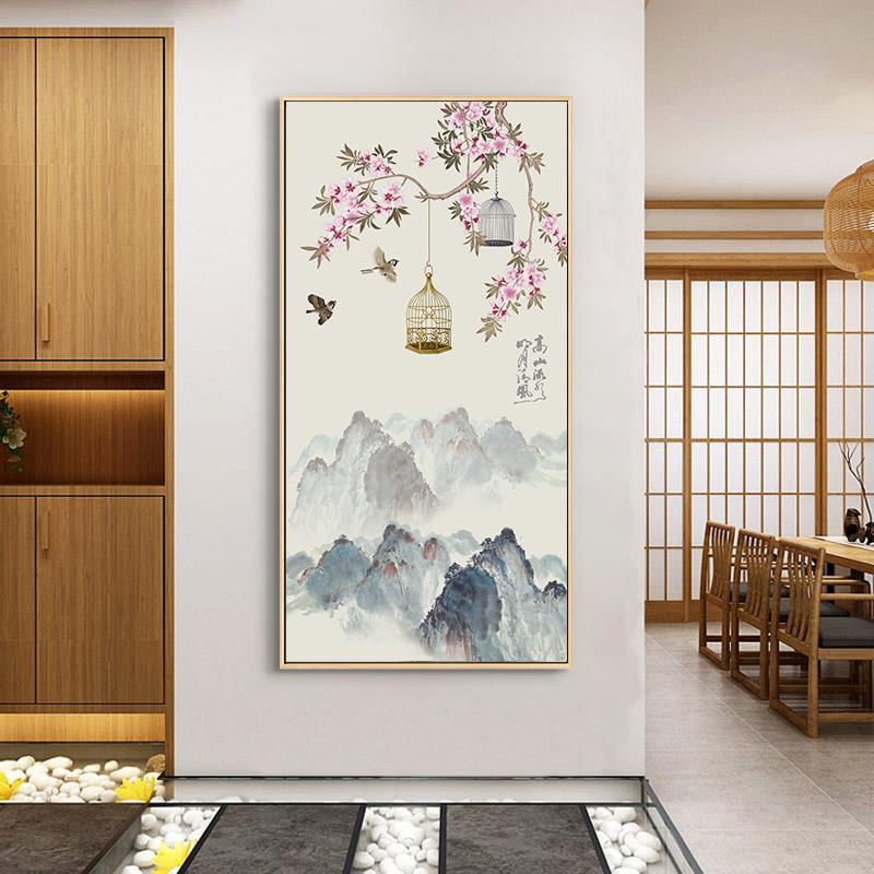 新中式鸟语花香入户玄关装饰画客厅走廊进门书房中国风素雅挂壁画