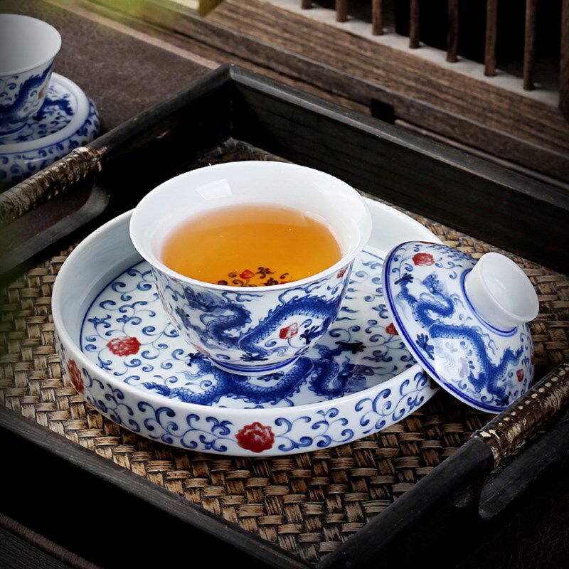 青花瓷盖碗五件套陶瓷主人杯仿元泡茶碗茶杯壶承高档茶具家用套装