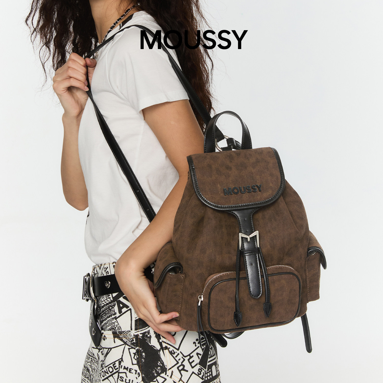 moussyMoussy女秋冬豹纹小双肩包灯芯绒通勤包旅行外出小背包