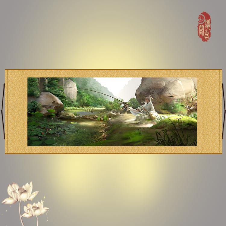 姜幅公钓鱼图 姜子牙人物横太挂画 书房客饰装厅画横批画定制订做