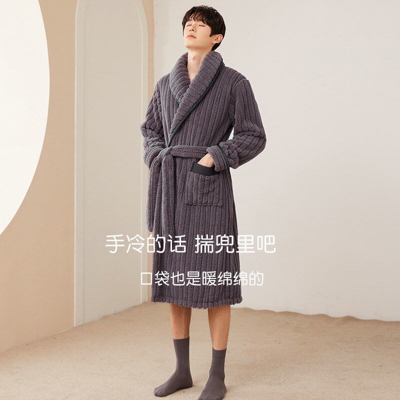 男冬款珊瑚绒睡袍保暖加绒加厚浴袍加长款法兰绒春季男士长袍睡衣