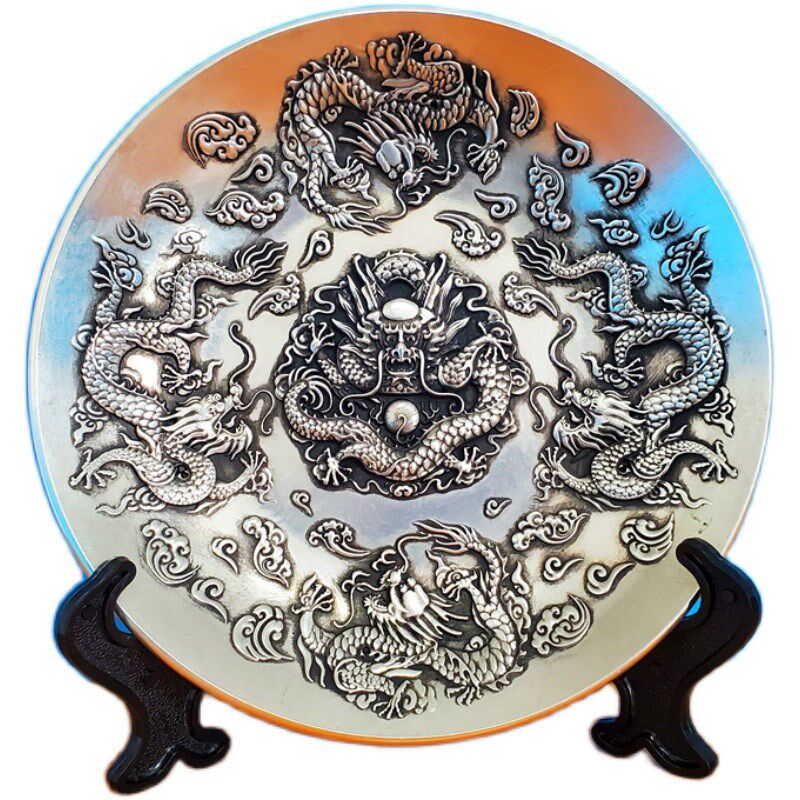 摆件黄铜镀银色五龙献瑞盘子 家居新中式装饰品 酒柜工艺品 铜器